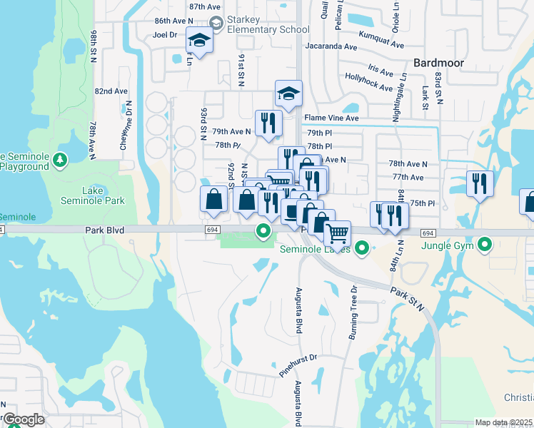 map of restaurants, bars, coffee shops, grocery stores, and more near 7480 90th Street in Seminole