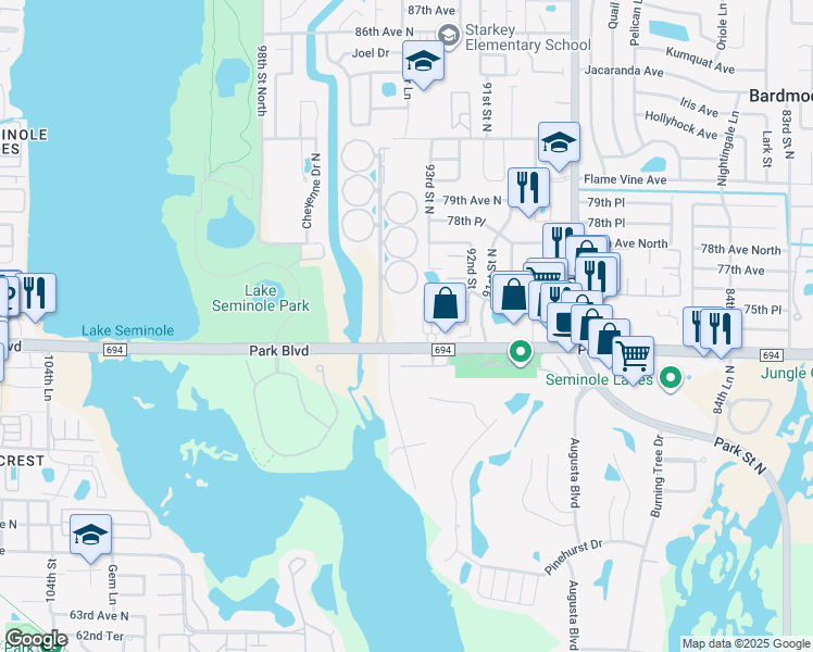 map of restaurants, bars, coffee shops, grocery stores, and more near 9393 Garden Drive in Seminole
