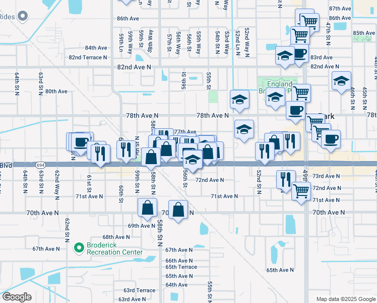 map of restaurants, bars, coffee shops, grocery stores, and more near 5580 76th Avenue North in Pinellas Park