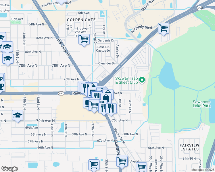 map of restaurants, bars, coffee shops, grocery stores, and more near 7450 35th Street North in Pinellas Park