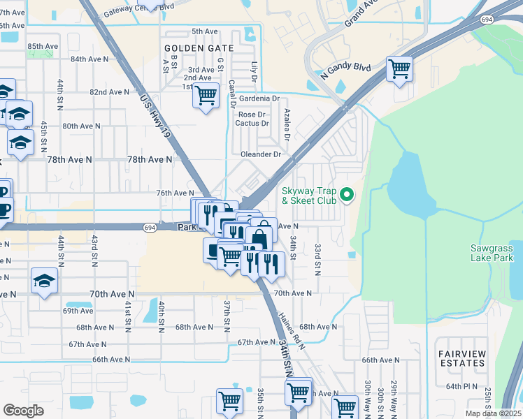 map of restaurants, bars, coffee shops, grocery stores, and more near 600 Christine Tree in Pinellas Park
