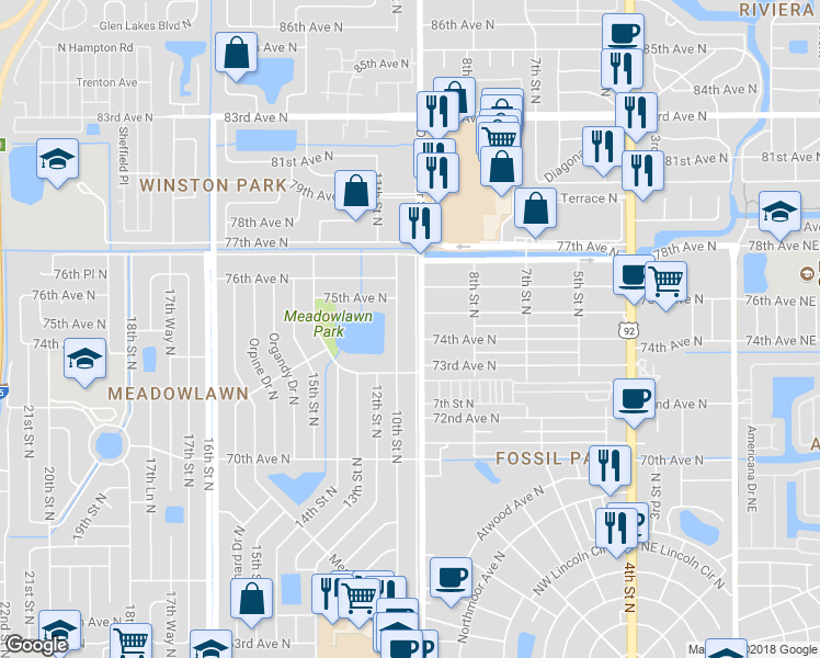 map of restaurants, bars, coffee shops, grocery stores, and more near 7420 Doctor Martin Luther King Junior Street North in St. Petersburg