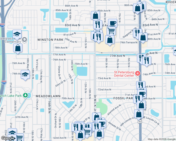 map of restaurants, bars, coffee shops, grocery stores, and more near 7400 10th Street North in St. Petersburg