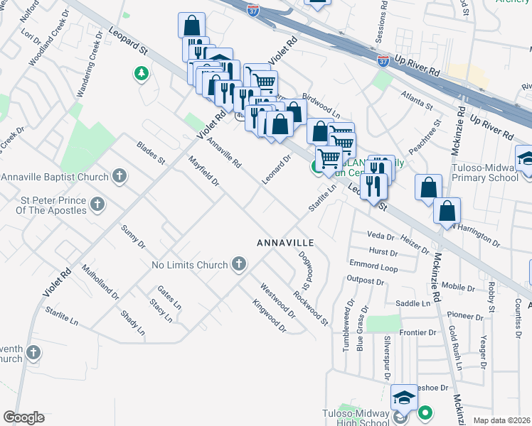 map of restaurants, bars, coffee shops, grocery stores, and more near 4451 Annaville Road in Corpus Christi