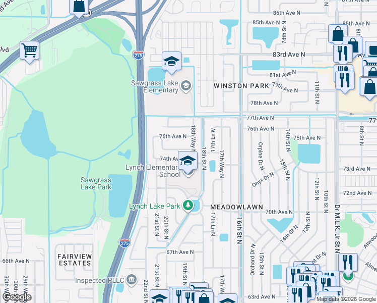 map of restaurants, bars, coffee shops, grocery stores, and more near 7497 18th Way North in St. Petersburg
