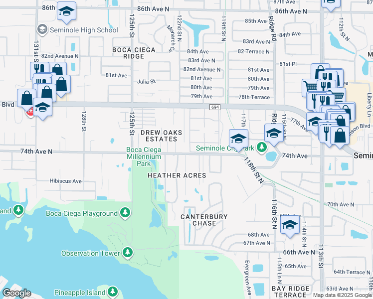 map of restaurants, bars, coffee shops, grocery stores, and more near 12189 74th Avenue North in Seminole