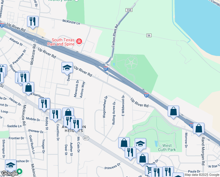 map of restaurants, bars, coffee shops, grocery stores, and more near 10041 Up River Road in Corpus Christi