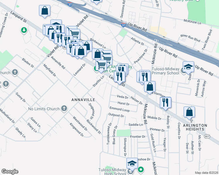 map of restaurants, bars, coffee shops, grocery stores, and more near 10713 Westview Drive in Corpus Christi