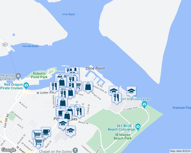 map of restaurants, bars, coffee shops, grocery stores, and more near 1038 Private Road E in Port Aransas