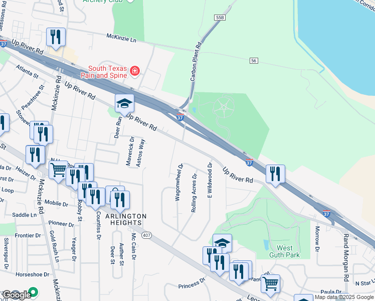 map of restaurants, bars, coffee shops, grocery stores, and more near 10041 Up River Road in Corpus Christi