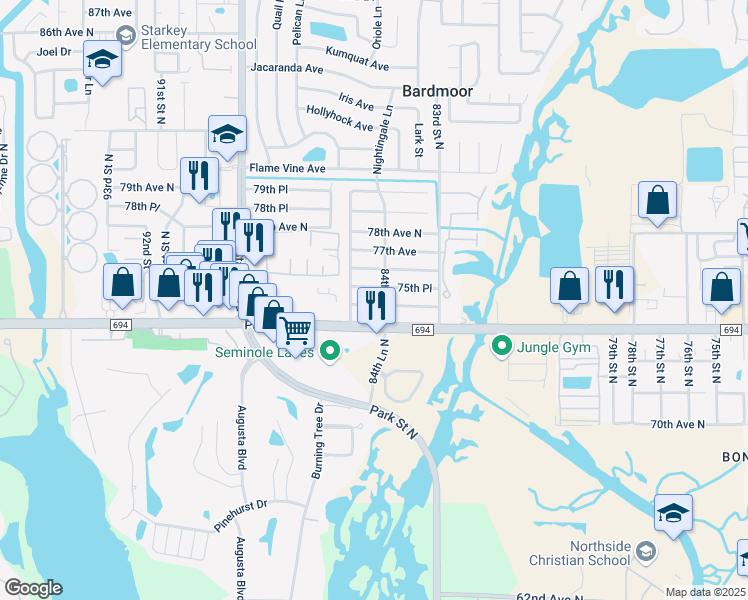 map of restaurants, bars, coffee shops, grocery stores, and more near 8497 75th Avenue North in Seminole