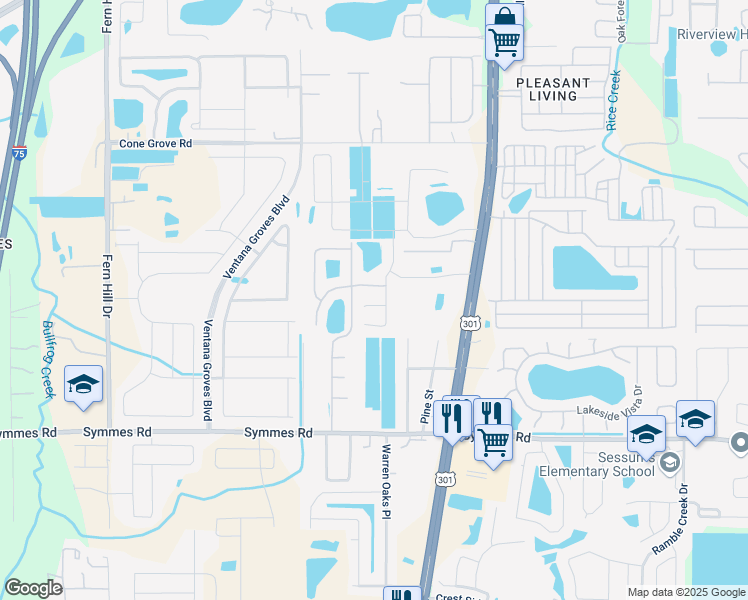 map of restaurants, bars, coffee shops, grocery stores, and more near 10505 Early Light Court in Riverview