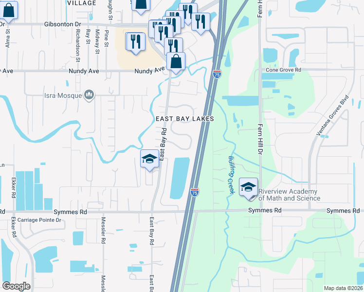 map of restaurants, bars, coffee shops, grocery stores, and more near 9713 Cypress Harbor Drive in Gibsonton