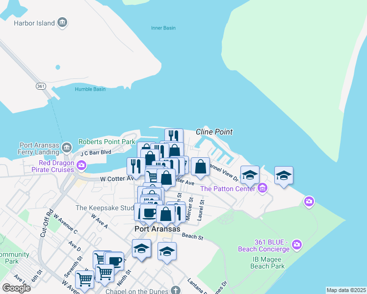 map of restaurants, bars, coffee shops, grocery stores, and more near 242 Turtle Cove in Port Aransas