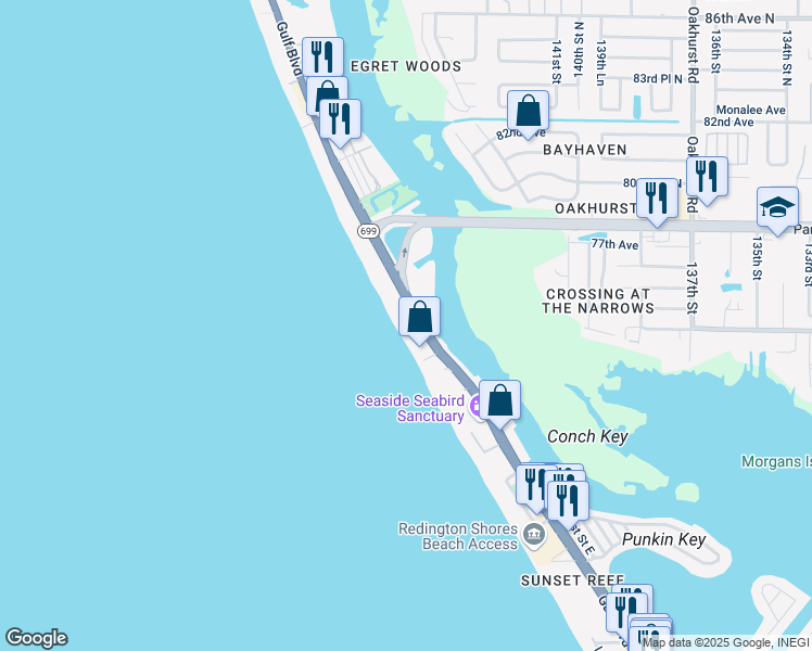 map of restaurants, bars, coffee shops, grocery stores, and more near 18650 Gulf Boulevard in Indian Shores