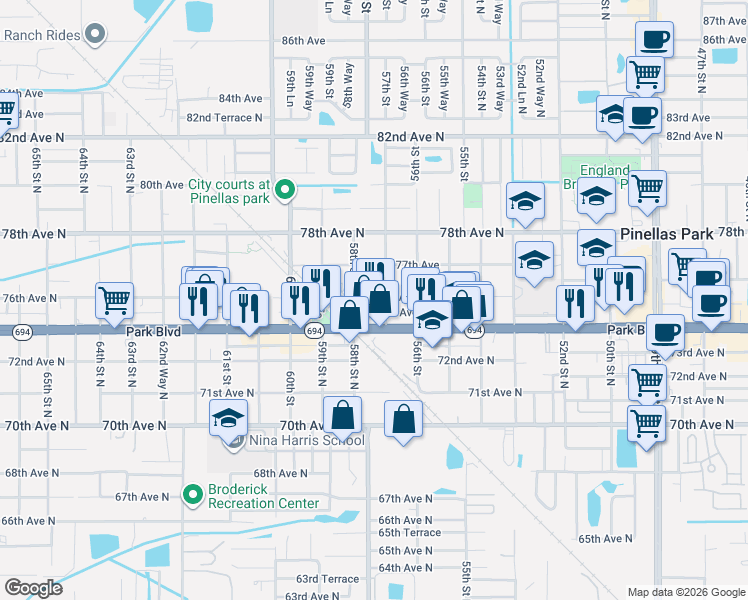 map of restaurants, bars, coffee shops, grocery stores, and more near 7501 57th Street in Pinellas Park