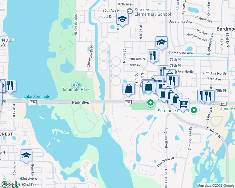 map of restaurants, bars, coffee shops, grocery stores, and more near 9393 Garden Drive in Seminole