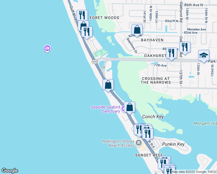 map of restaurants, bars, coffee shops, grocery stores, and more near 18610 Gulf Boulevard in Indian Rocks Beach