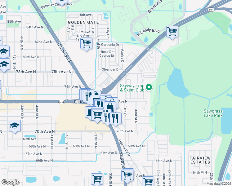 map of restaurants, bars, coffee shops, grocery stores, and more near 600 Christine Tree in Pinellas Park