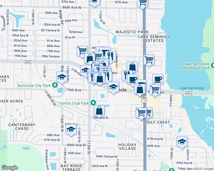 map of restaurants, bars, coffee shops, grocery stores, and more near 11115 Park Boulevard North in Seminole
