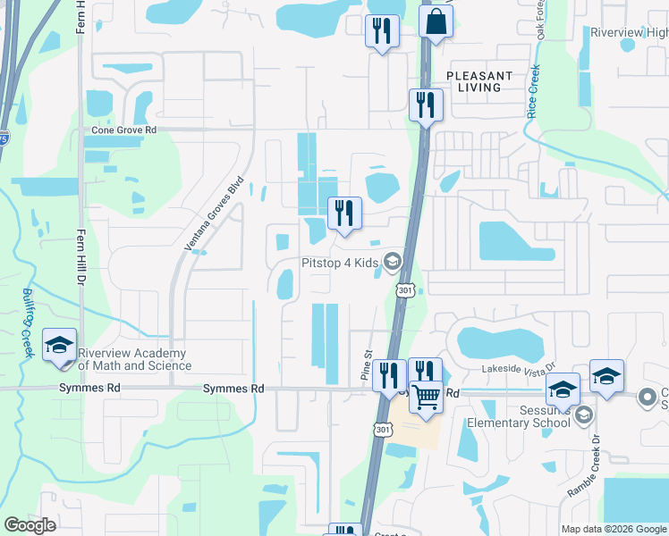 map of restaurants, bars, coffee shops, grocery stores, and more near 11116 Rising Mist Boulevard in Riverview
