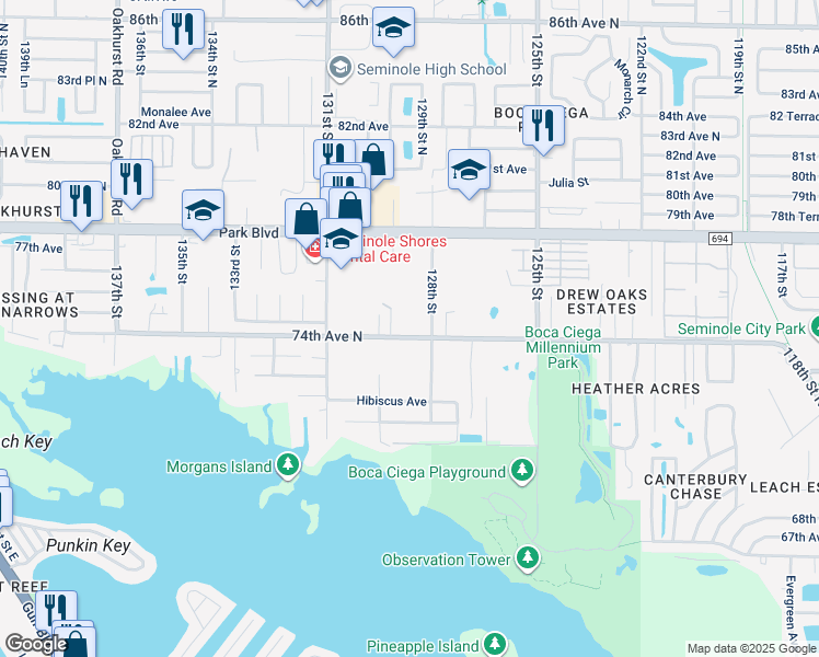 map of restaurants, bars, coffee shops, grocery stores, and more near 12859 74th Avenue North in Seminole