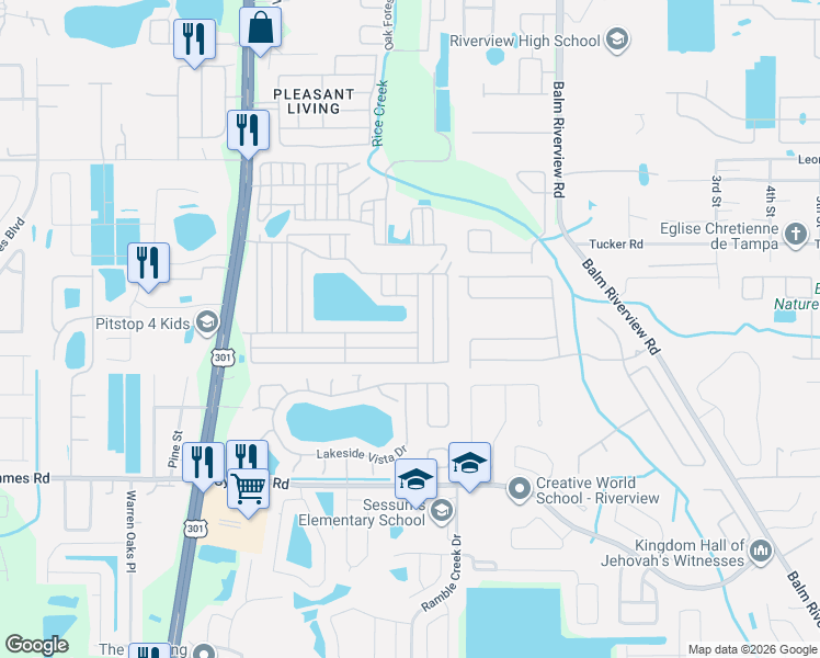 map of restaurants, bars, coffee shops, grocery stores, and more near 10832 Burrito Drive in Riverview