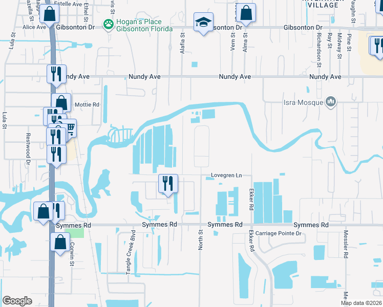 map of restaurants, bars, coffee shops, grocery stores, and more near 11139 Riley Pines Circle in Gibsonton