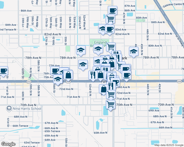 map of restaurants, bars, coffee shops, grocery stores, and more near 7521 52nd Street North in Pinellas Park