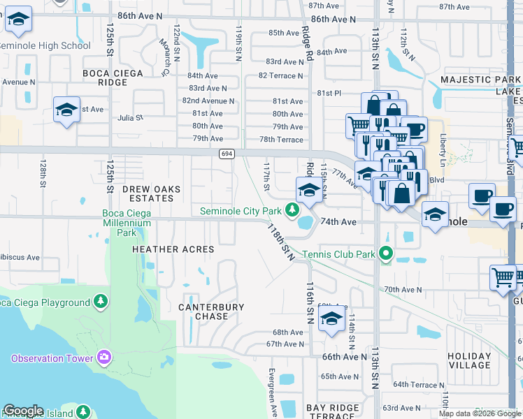 map of restaurants, bars, coffee shops, grocery stores, and more near 11877 74th Avenue North in Seminole