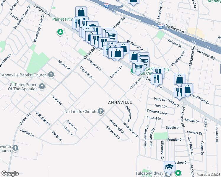 map of restaurants, bars, coffee shops, grocery stores, and more near 10901 Annaville Road in Corpus Christi
