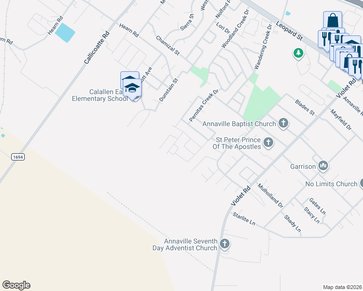 map of restaurants, bars, coffee shops, grocery stores, and more near 11610 North Creek Drive in Corpus Christi