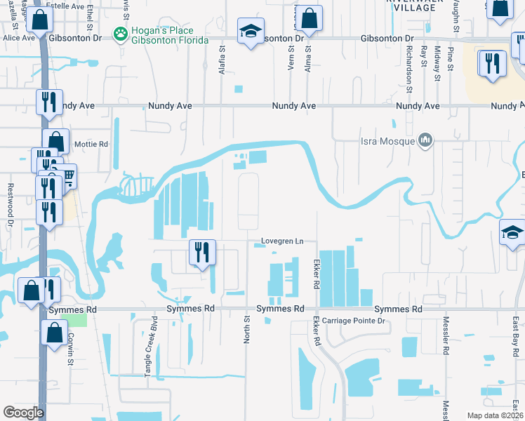 map of restaurants, bars, coffee shops, grocery stores, and more near 7725 Silver Berry Court in Gibsonton