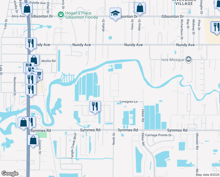 map of restaurants, bars, coffee shops, grocery stores, and more near 11141 Riley Pines Circle in Gibsonton