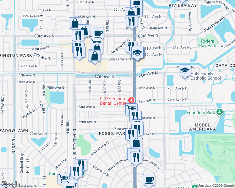 map of restaurants, bars, coffee shops, grocery stores, and more near 501 74th Avenue North in St. Petersburg