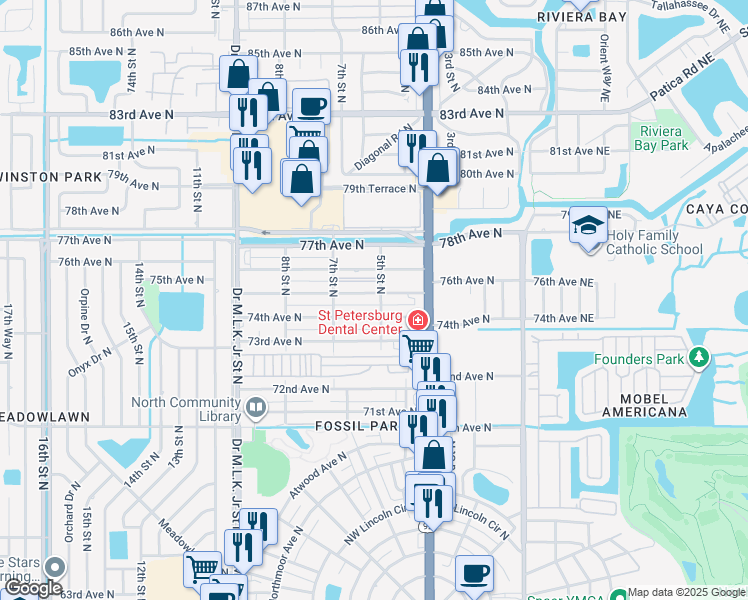 map of restaurants, bars, coffee shops, grocery stores, and more near 500 75th Avenue North in St. Petersburg