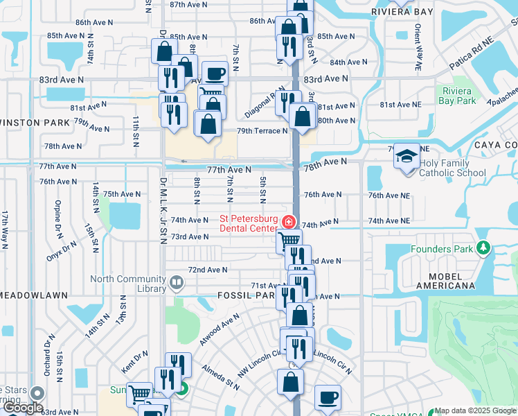 map of restaurants, bars, coffee shops, grocery stores, and more near 500 75th Avenue North in St. Petersburg