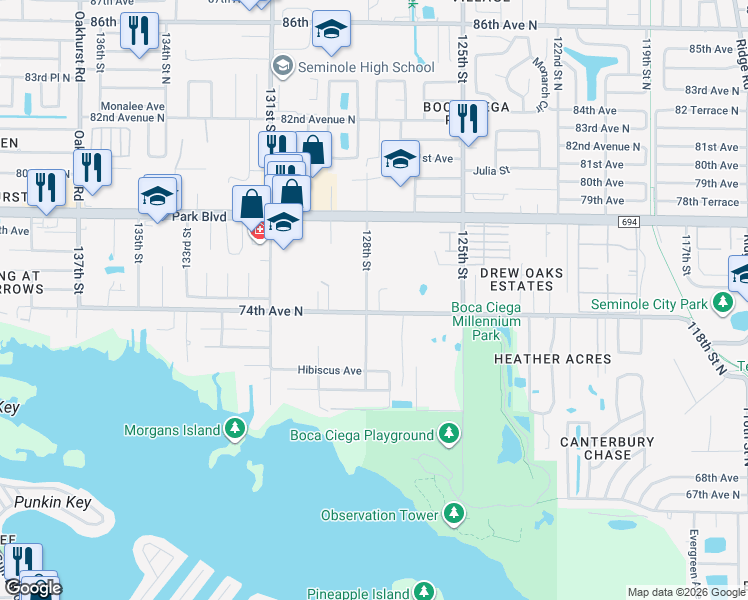 map of restaurants, bars, coffee shops, grocery stores, and more near 12730 74th Avenue North in Seminole
