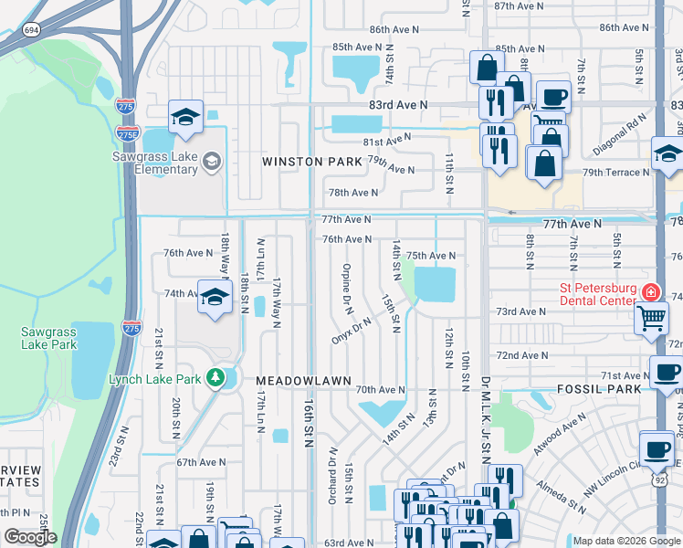 map of restaurants, bars, coffee shops, grocery stores, and more near 7498 Orpine Drive North in St. Petersburg