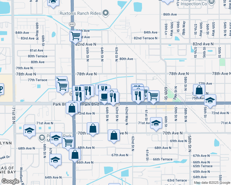 map of restaurants, bars, coffee shops, grocery stores, and more near 6278 76th Avenue North in Pinellas Park