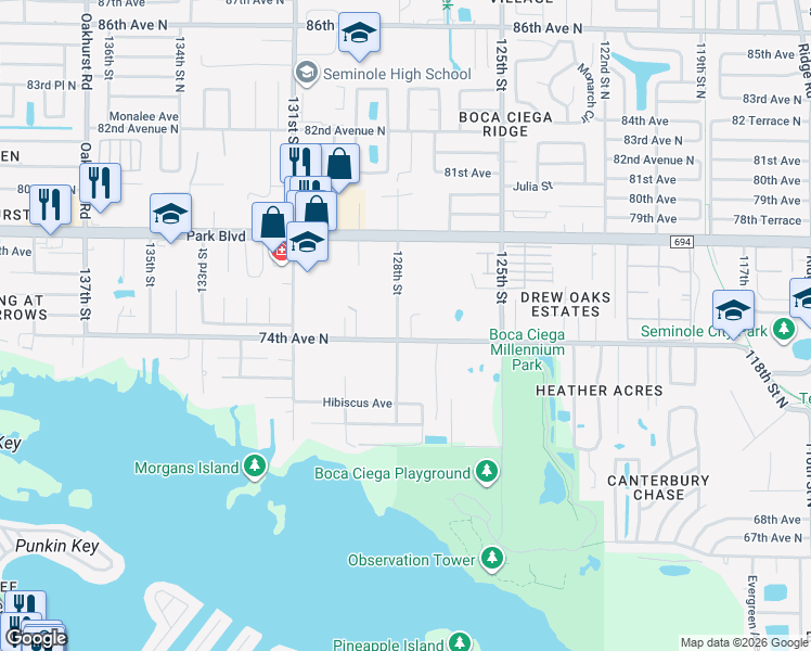 map of restaurants, bars, coffee shops, grocery stores, and more near 12730 74th Avenue North in Seminole