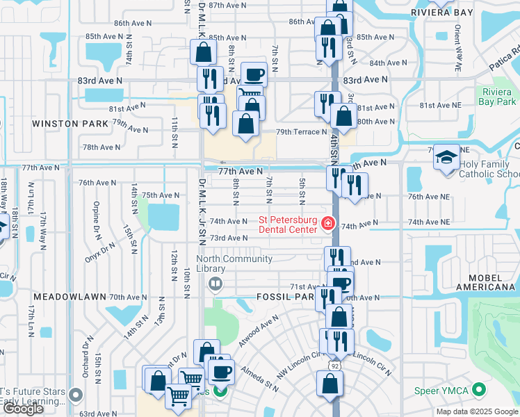 map of restaurants, bars, coffee shops, grocery stores, and more near 726 75th Avenue North in Saint Petersburg