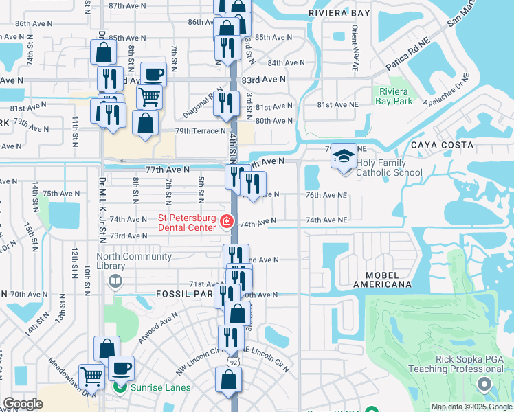 map of restaurants, bars, coffee shops, grocery stores, and more near 7491 4th Street North in St. Petersburg