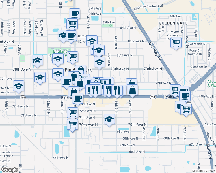 map of restaurants, bars, coffee shops, grocery stores, and more near 4540 76th Avenue North in Pinellas Park