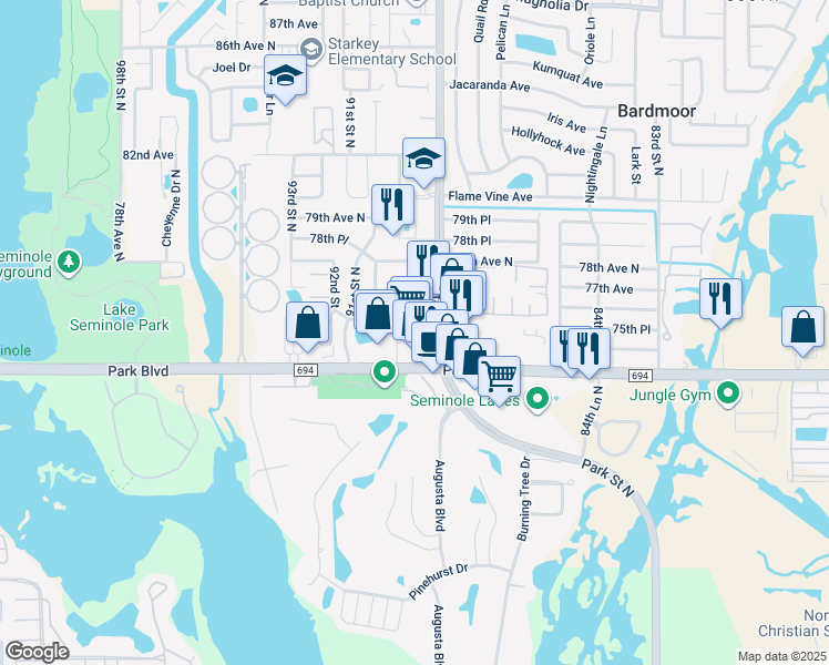 map of restaurants, bars, coffee shops, grocery stores, and more near 7480 90th Street in Seminole