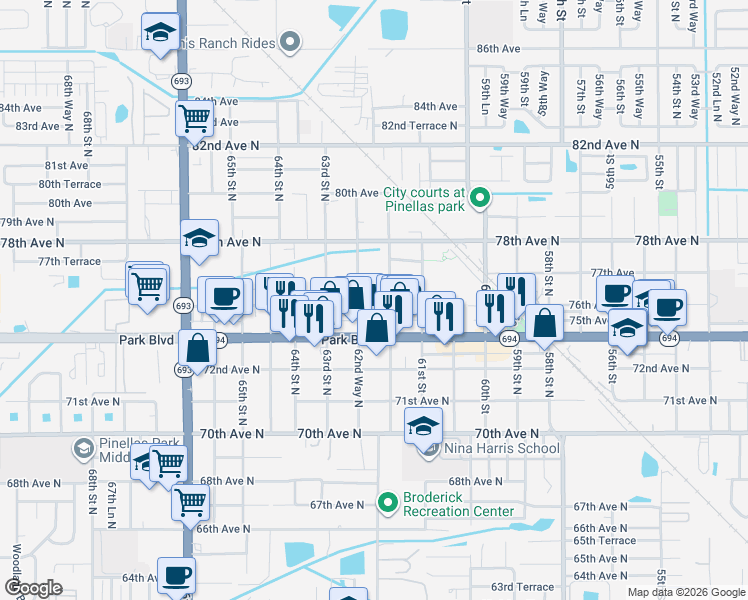 map of restaurants, bars, coffee shops, grocery stores, and more near 6226 76th Avenue North in Pinellas Park