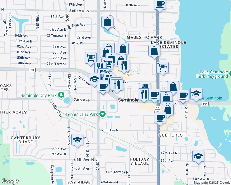 map of restaurants, bars, coffee shops, grocery stores, and more near 11115 Park Boulevard North in Seminole