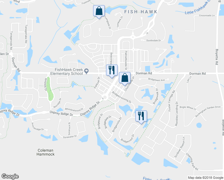 map of restaurants, bars, coffee shops, grocery stores, and more near 6116 Fishhawk Crossing Boulevard in Lithia