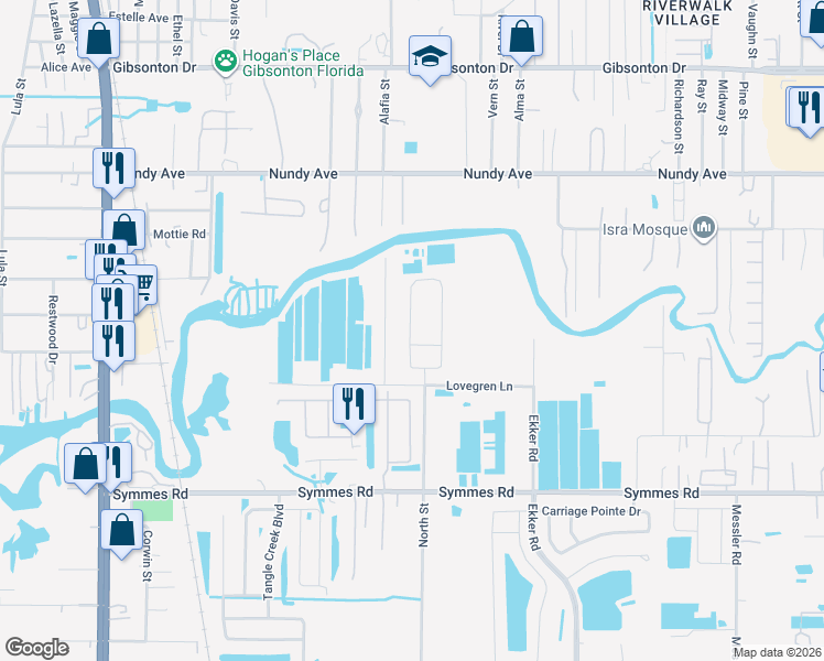 map of restaurants, bars, coffee shops, grocery stores, and more near 11146 Riley Pines Circle in Gibsonton