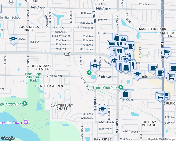map of restaurants, bars, coffee shops, grocery stores, and more near 11662 75th Avenue North in Seminole